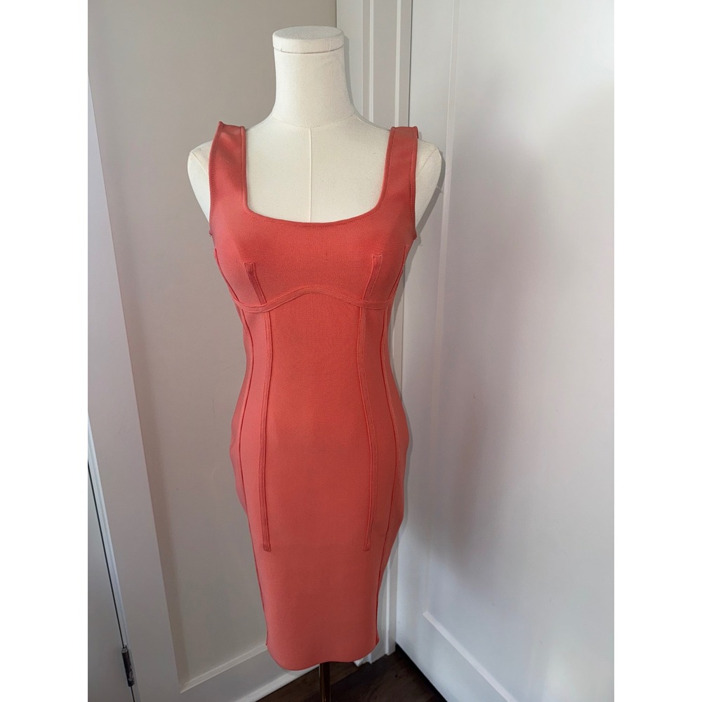 Hot Miami Styles‎ Coral Bandage Bodycon Midi Dress Square Neck Zip Back Size M